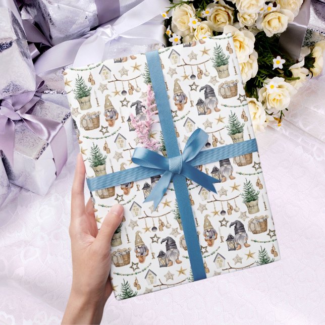 Papel De Presente Casa de fazenda dos gnomos de Natal Scandi (Criador carregado)