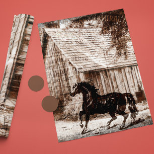 Papel De Presente Casa de Fazenda Rústica Celeiro Cavalo