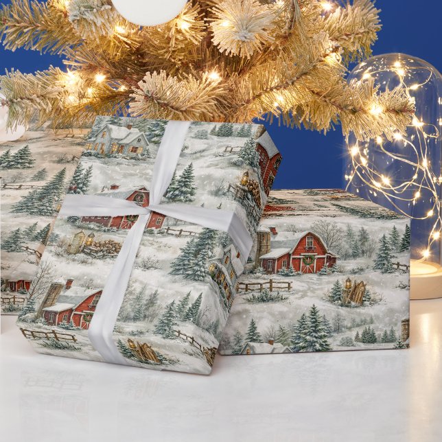 Papel De Presente Casa de Fazenda Rústica Coberta de Neve Padrão de  (Feriados)
