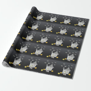 Papel De Presente Casa de Halloween, Gatos Pretos, Morcegos, Abóbora