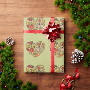 Papel De Presente Casa de Outono com Coração de Abóbora de Ação de G