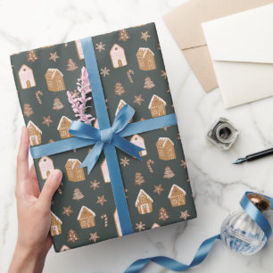 Papel De Presente Casa de Pão de Mel Rosa Padrão de Natal