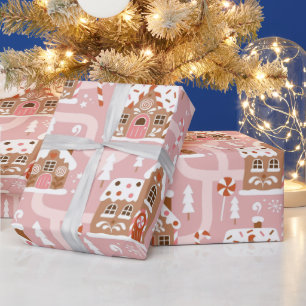 Papel De Presente Casa de Pão de Mel Rosa Vila de Inverno Cana de Aç