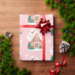 Papel De Presente Casa de Pão Neve Rosa-Rosa-Gelado
