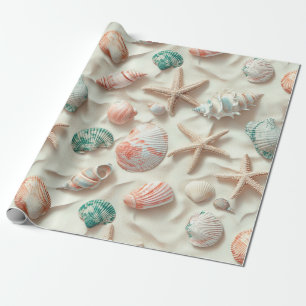 Papel De Presente Casa de Praia Coral Pêssego Concha Azul