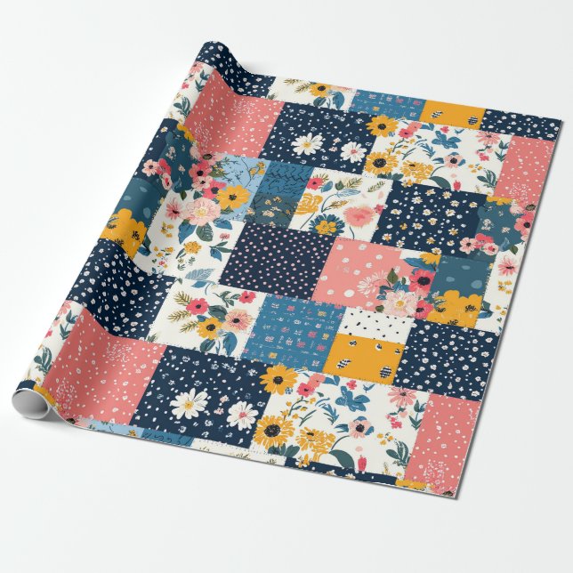 Papel De Presente Casa Rosa Naval Floral Patchwork (Desenrolado)