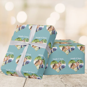 Papel De Presente Casal Chic Teal Hearts Foto Romântica Personalizad