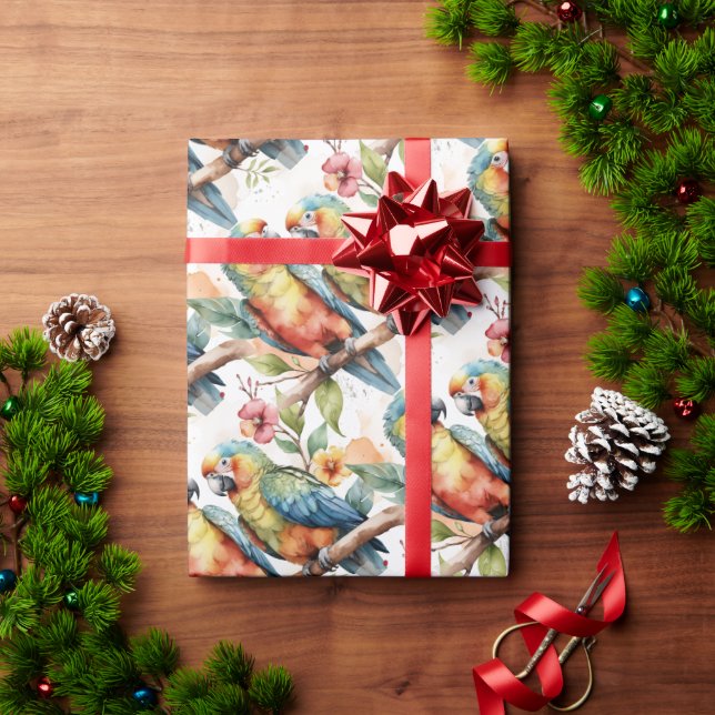 Papel De Presente Casal de pássaro de papagaio tropical de Watercolo (Presente de Natal)