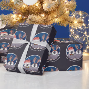 Papel De Presente Casal de Pinguins de Natal Bonito Papai Noel e Ren