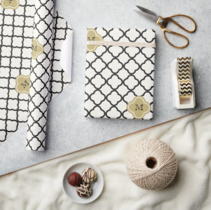 Papel De Presente Casamento Art Déco com Padrão de Monograma Chic em