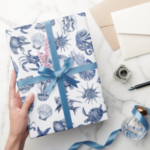 Papel De Presente Casamento Azul de Aquarela de Praia Moderna Costei