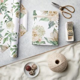 Papel De Presente Casamento Botânico Floral Creme Elegante