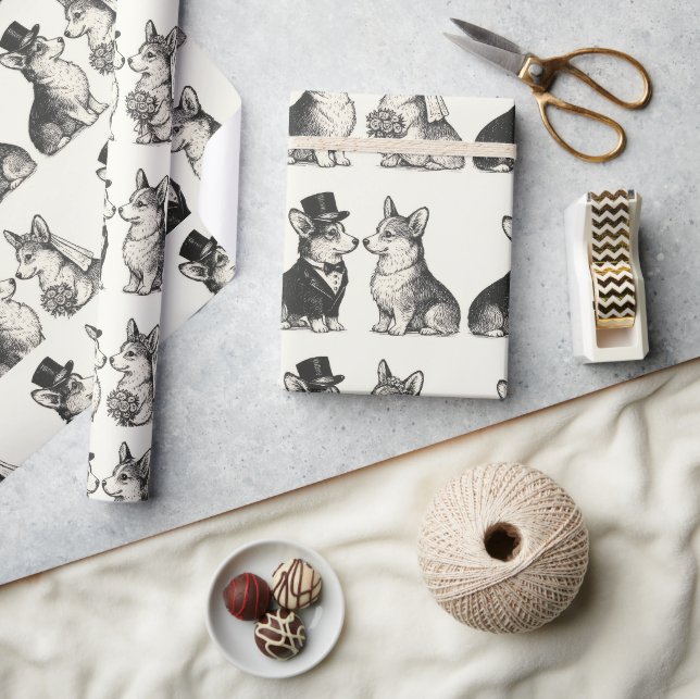 Papel De Presente Casamento Caprichoso Preto e Branco com Corgi Vint (Artesanato)