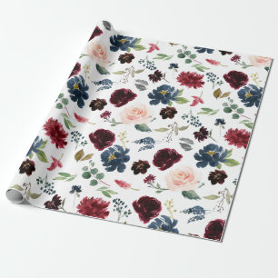 Papel De Presente Casamento de Boho Floral Marinho Vermelho Burgundy