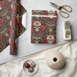Papel De Presente Casamento de caveira floral gótica e Rosa<br><div class="desc">Mergulhe no mundo cativante da arte gótica com este crânio gótico e esta ilustração de padrões rosas. Este intrincado design apresenta crânios lindamente detalhados adorados com rosas vermelhas vívidas e motivos florais ornamentados, colocados contra um fundo negro profundo. A estética elegante mas macabra a torna perfeita para quem aprecia temas...</div>