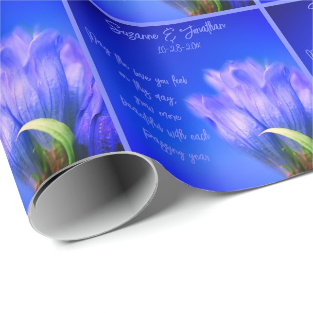 Papel De Presente Casamento de Flor Gentiana Azul Personalizado (Ponta do rolo)