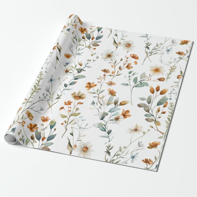 Papel De Presente Casamento de flor silvestre de aquarela (Desenrolado)