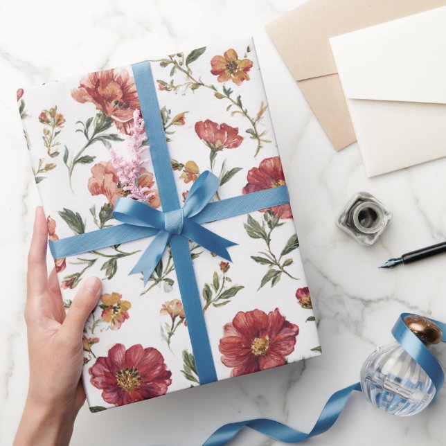 Papel De Presente Casamento de Flores Vermelhas (Presentear)