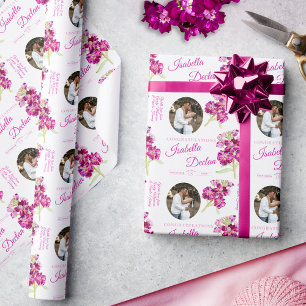 Papel De Presente Casamento de foto personalizada rosa-rosa com flor