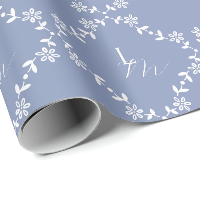 Papel De Presente Casamento de Monograma Azul e Branco (Ponta do rolo)