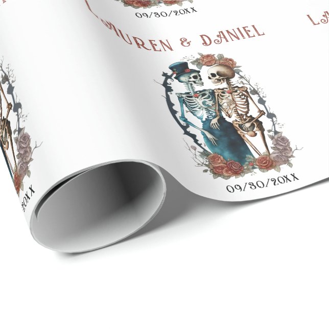 Papel De Presente Casamento de Nomes de Amantes de Esqueleto Floral  (Ponta do rolo)