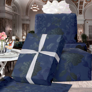 Papel De Presente Casamento de Ombre Floral Azul Preto e Profundo