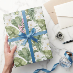 Papel De Presente Casamento de Orquídeas Brancas Folhas Verdes Tropi