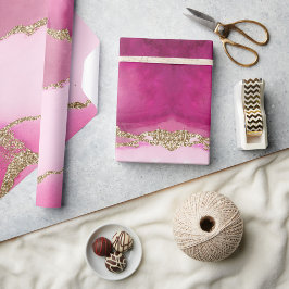 Papel De Presente Casamento de Pedra de Ágata Rosa Elegante em Ouro