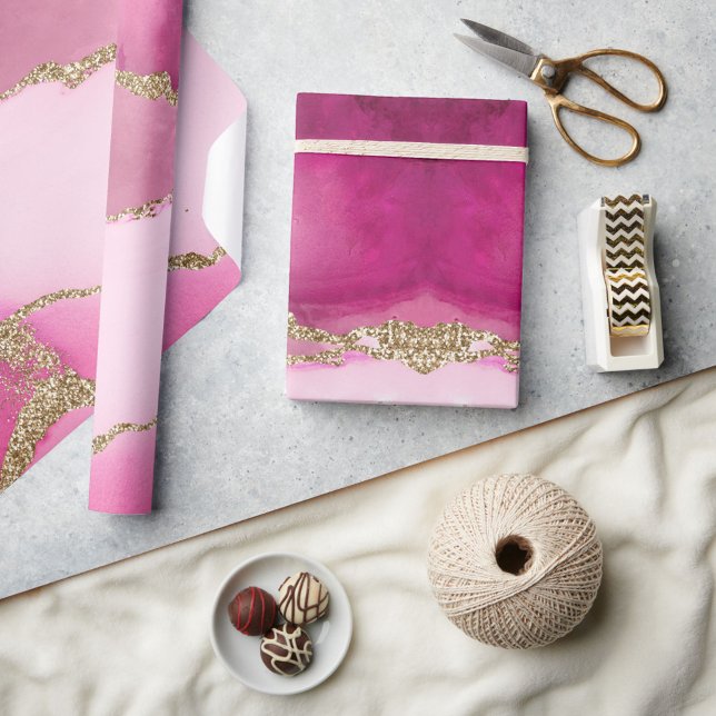 Papel De Presente Casamento de Pedra de Ágata Rosa Elegante em Ouro (Criador carregado)
