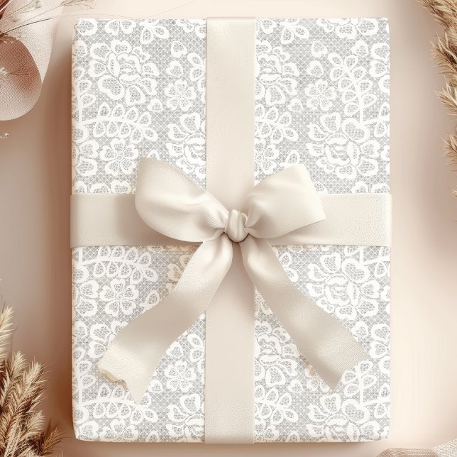 Papel De Presente Casamento de Renda Vintage Branco Elegante (Criador carregado)