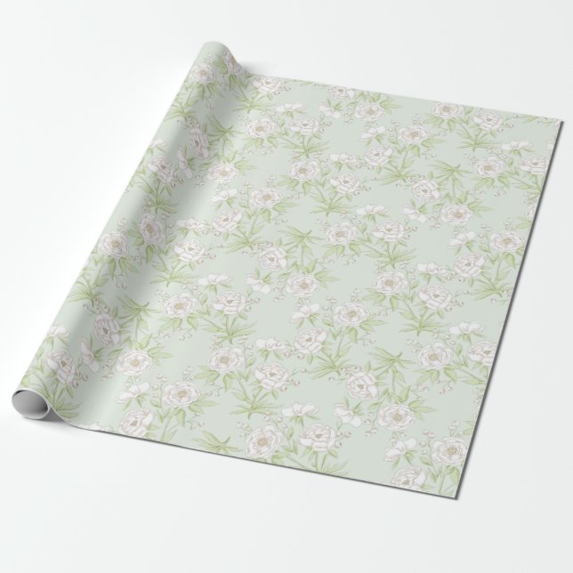 Papel De Presente Casamento de Rosa Branca Verde Salvia (Desenrolado)