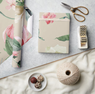 Papel De Presente Casamento de Rosas Cor-de-Rosa e Creme em Aquarela