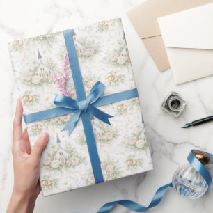 Papel De Presente Casamento Elegante Aquarela Igreja Florais Anéis
