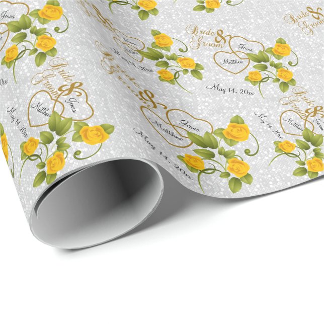 Papel De Presente Casamento elegante com Rosas Amarelas e Dourado (Ponta do rolo)
