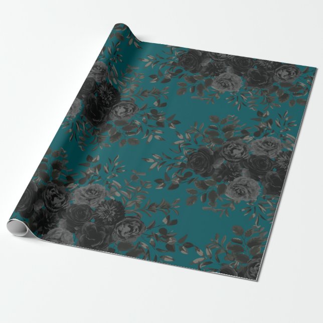 Papel De Presente Casamento Elegante Rosa Gótico de Teal Negro (Desenrolado)