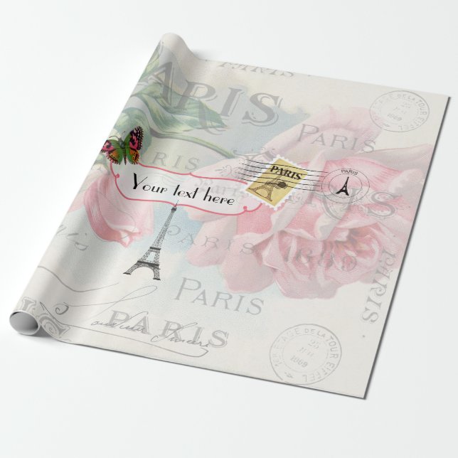 Papel De Presente Casamento em Paris Vintage Shabby-Chic Rosa Rosa P (Desenrolado)