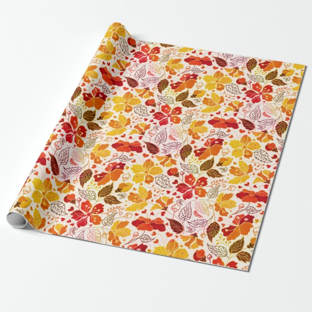 Papel De Presente Casamento Florais Hibiscus Tropical Laranja Queima (Desenrolado)