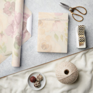 Papel De Presente Casamento Floral Aquarela Rosas Bege Boêmio