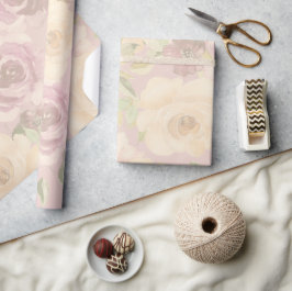 Papel De Presente Casamento Floral Aquarela Rosas Bege Boêmio