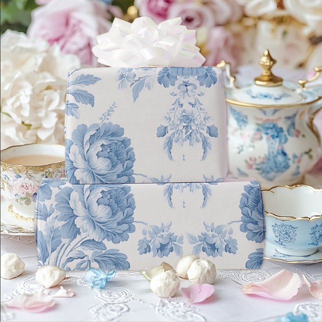 Papel De Presente Casamento Floral Azul-Azul, Toile Francesa Elegant (Criador carregado)