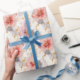 Papel De Presente Casamento Floral Cinza Coral Blush