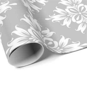 Papel De Presente Casamento Floral Cinza Damasco Simétrico Royal Noi