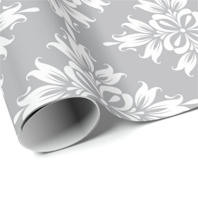 Papel De Presente Casamento Floral Cinza Damasco Simétrico Royal Noi (Ponta do rolo)
