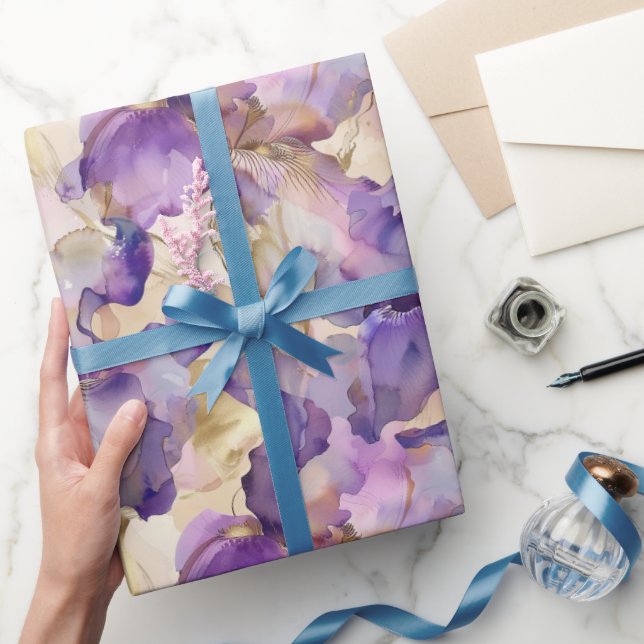 Papel De Presente Casamento Floral de Íris Dourada Roxa Romântica (Presentear)