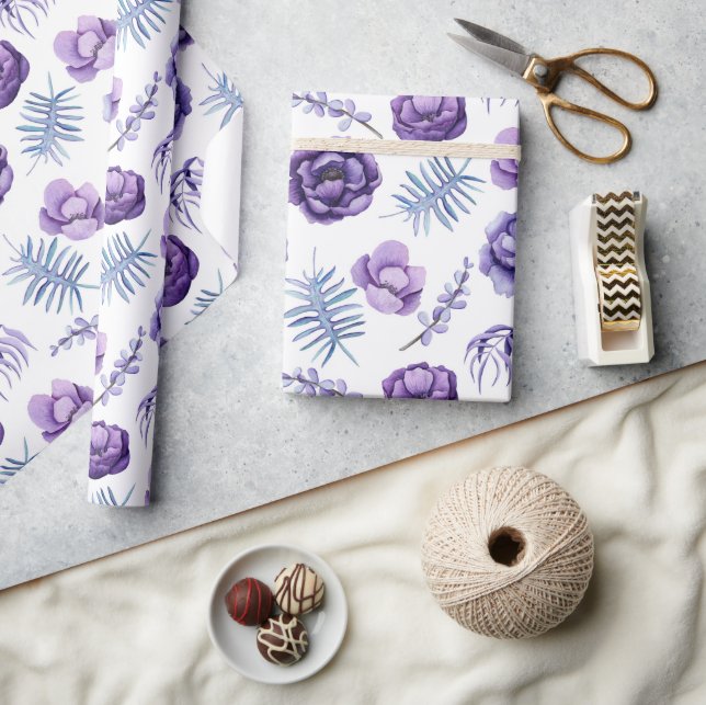 Papel De Presente Casamento Floral de Lavanda em Aquarela Elegante (Artesanato)