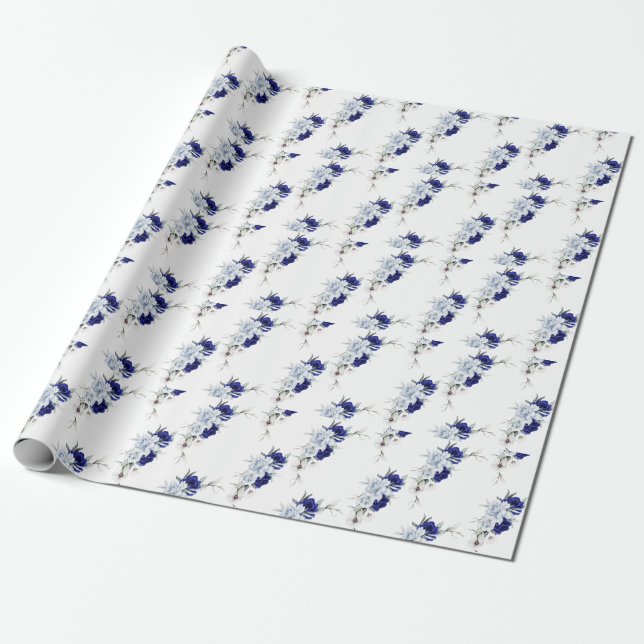 Papel De Presente Casamento Floral de Marinho Azul Elegante (Desenrolado)