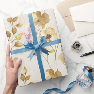 Papel De Presente Casamento Floral Dourado Cream