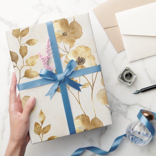 Papel De Presente Casamento Floral Dourado Cream (Presentear)