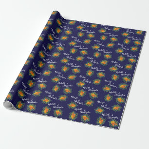 Papel De Presente Casamento Floral Laranja e Marinho Azul