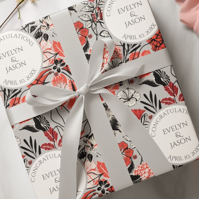 Papel De Presente Casamento Floral Moderno (Elegant Congratulations Bold Floral Pattern in Taupe Gray, Red, Black for Wedding, Engagement Party)